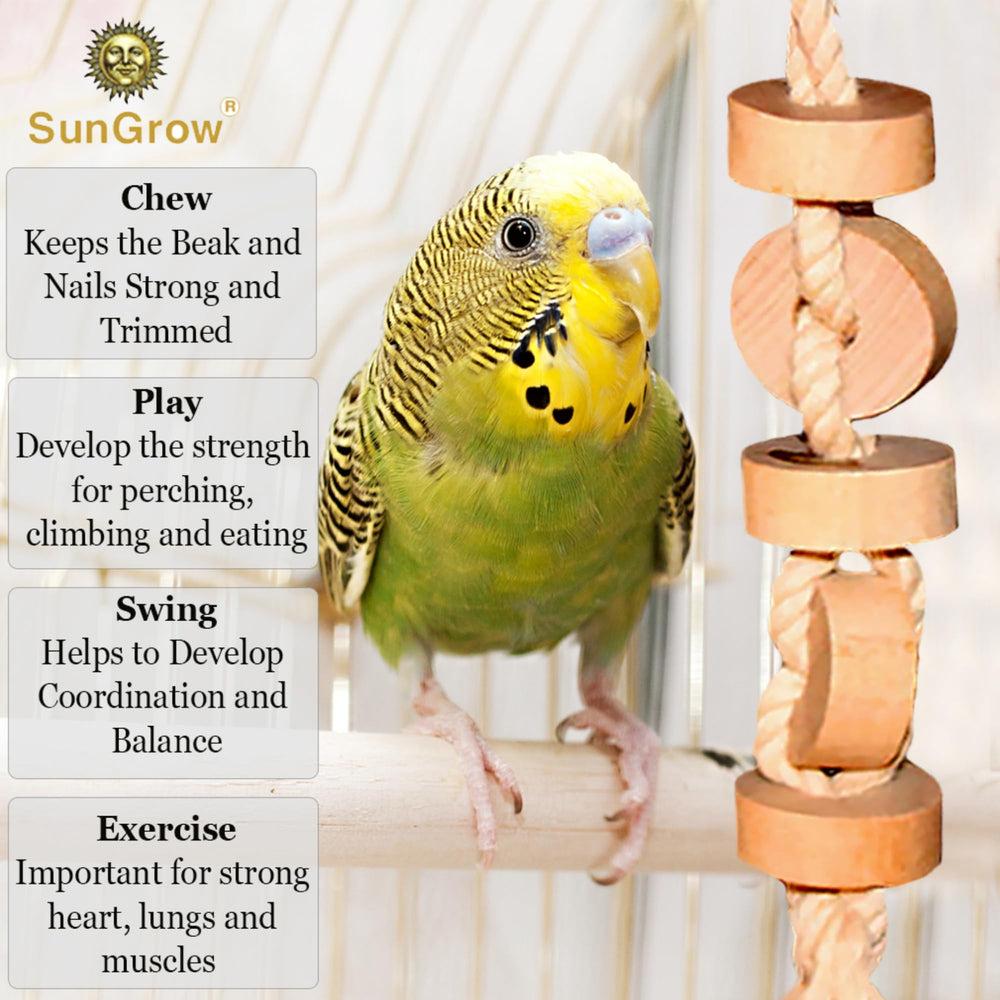 SunGrow wood cookies and rope offer satisfying pecking and durable play