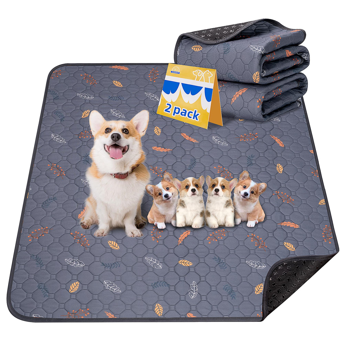 Sunheir 2-pack dog pads laid flat with anti-slip paw base for secure potty training.