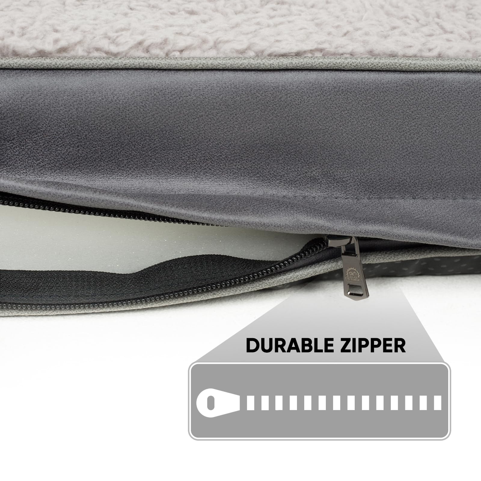 Sunheir dog bed cover zipper close-up highlights secure removable cover.