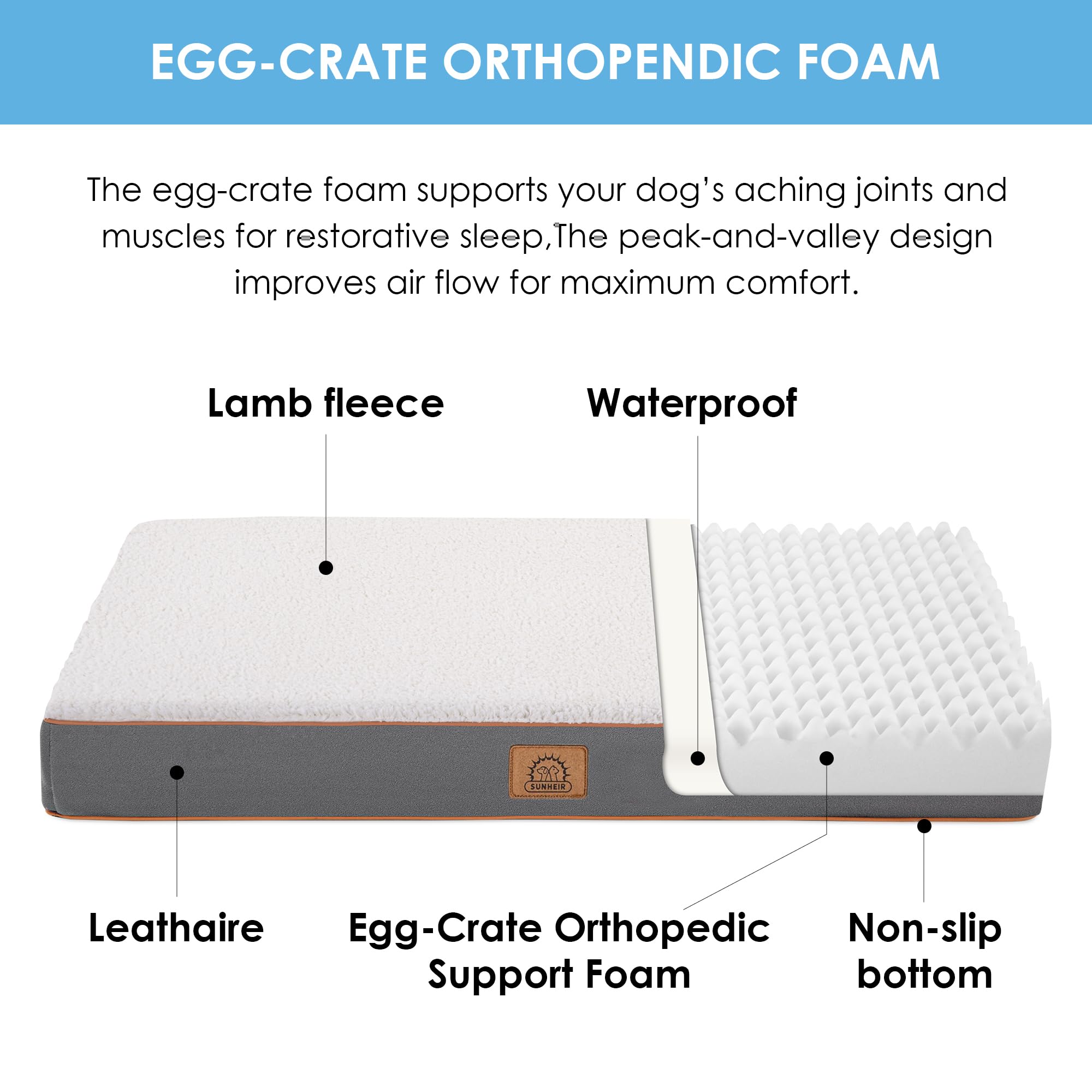 Sunheir egg foam support close-up shows cushioning for resting dogs.