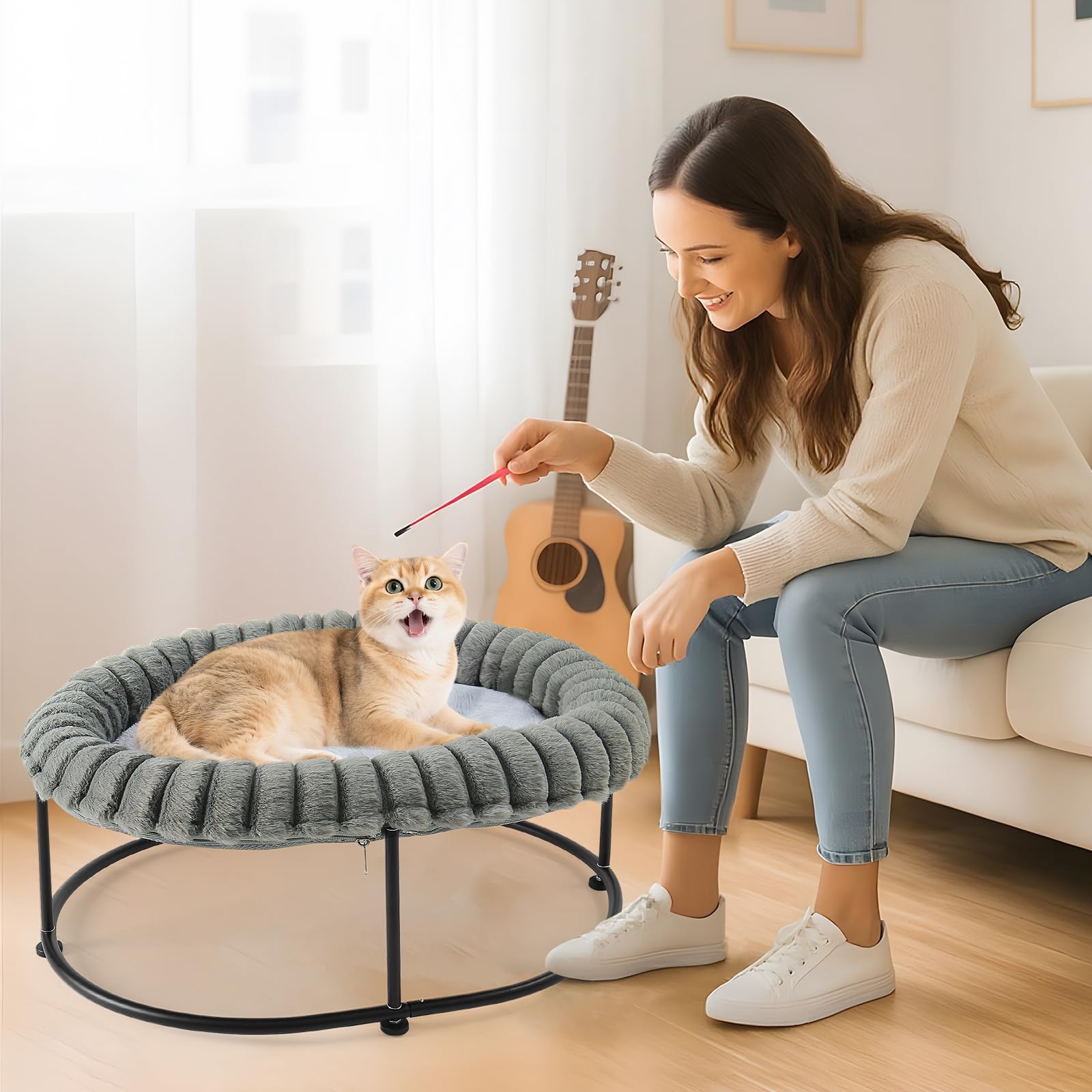 Sunhoo elevated cat bed in living room blends with decor and offers a cozy retreat.