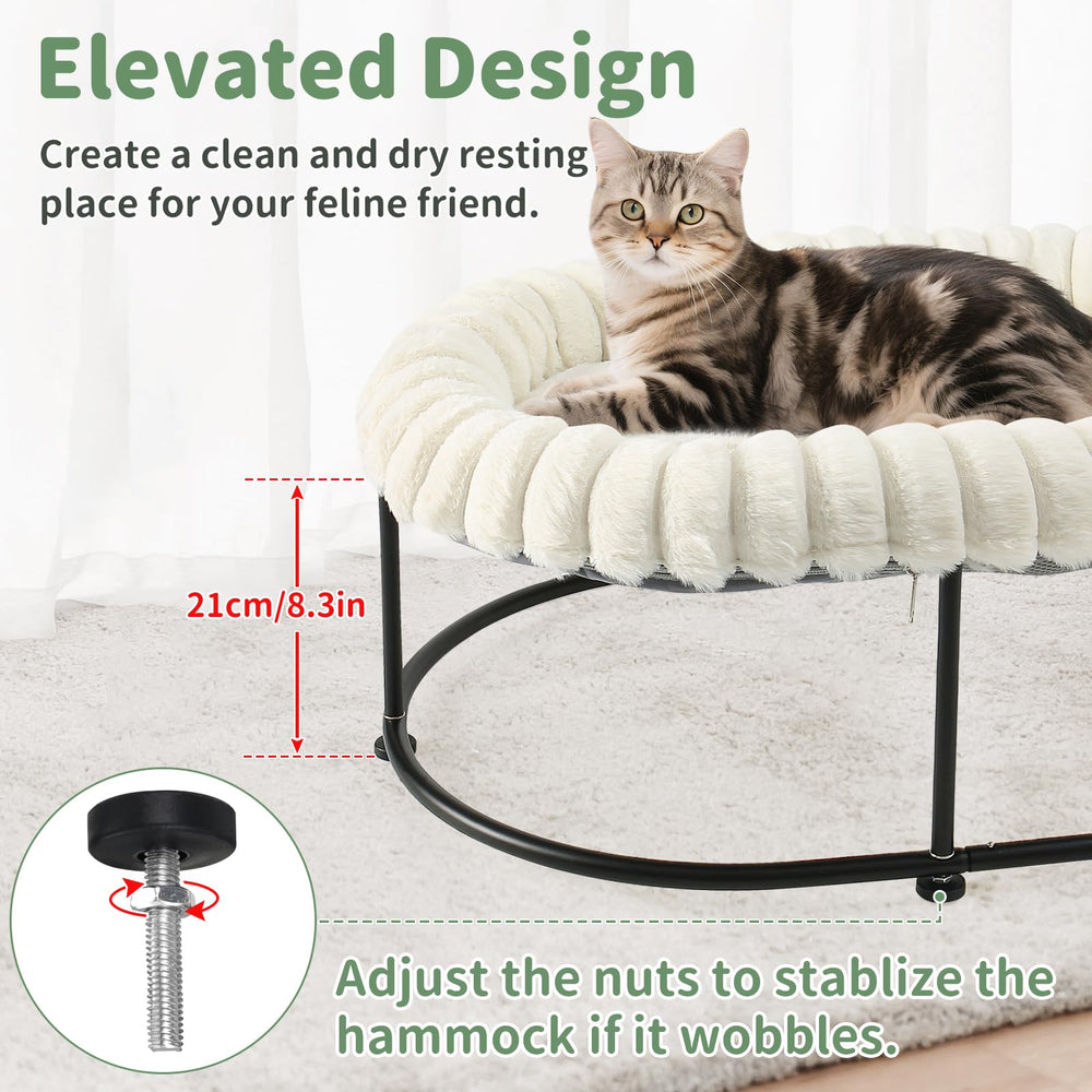 Sunhoo Elevated Cat Bed oval nest offers roomy, curling comfort.