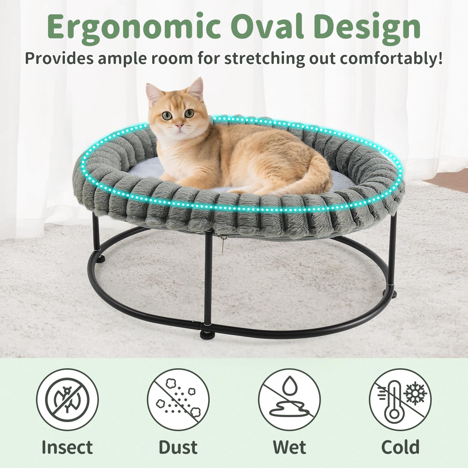 Sunhoo elevated cat bed oval nest emphasizes plush faux fur comfort and joint support.