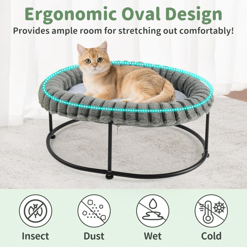Sunhoo elevated cat bed oval nest emphasizes plush faux fur comfort and joint support.