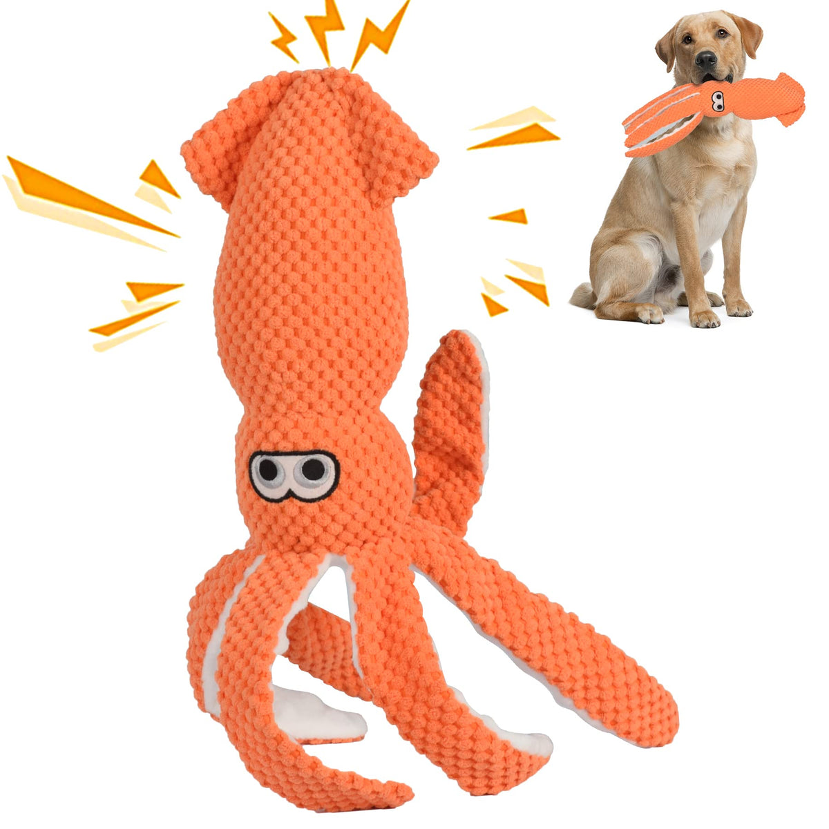 SUNKYPUP large plush squeaky dog toy orange front view for interactive play.