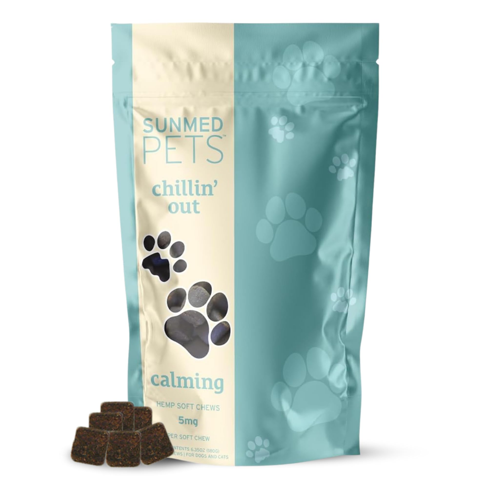Sunmed Chillin' Out dog chews packaging front shows calm, convenient stress relief option.