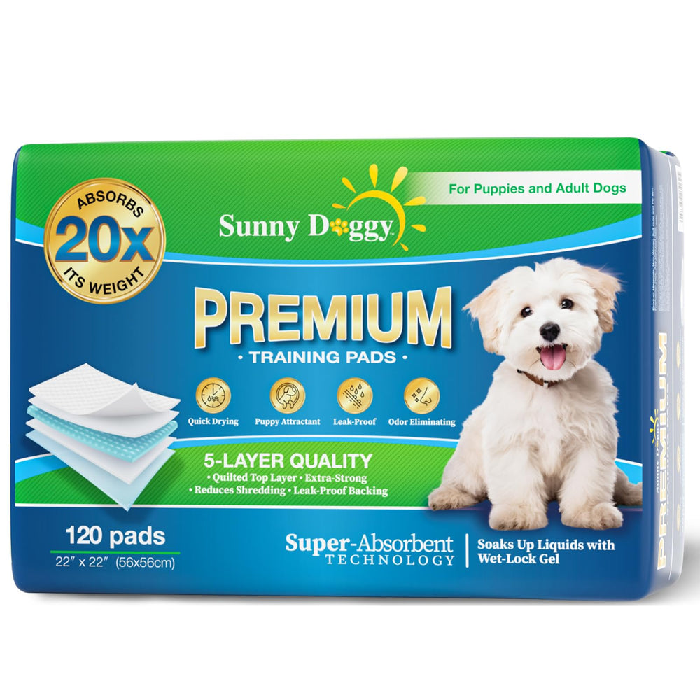 Sunny Doggy pee pad 22x22 packaging shows bulk 120-count pads for easy stocking