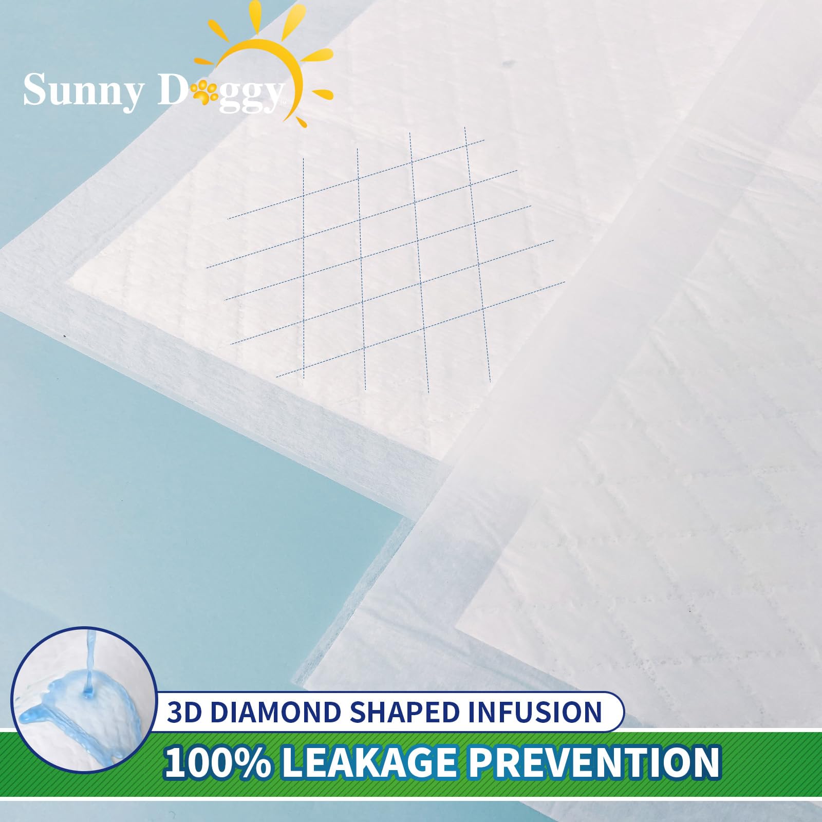 Sunny Doggy pee pad diamond-surface detail guides liquid to core and reduces spills.