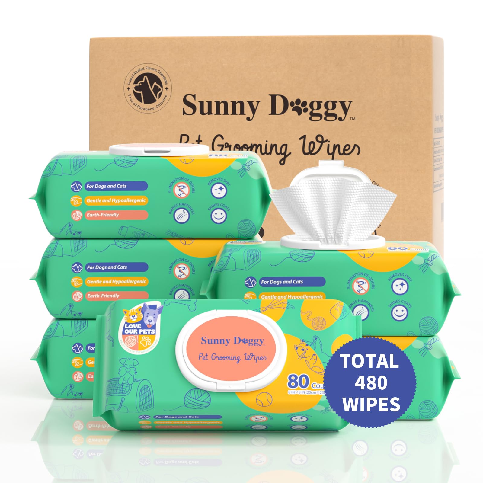 Sunny Doggy Pet Wipes pack front view for quick on-the-go cleaning