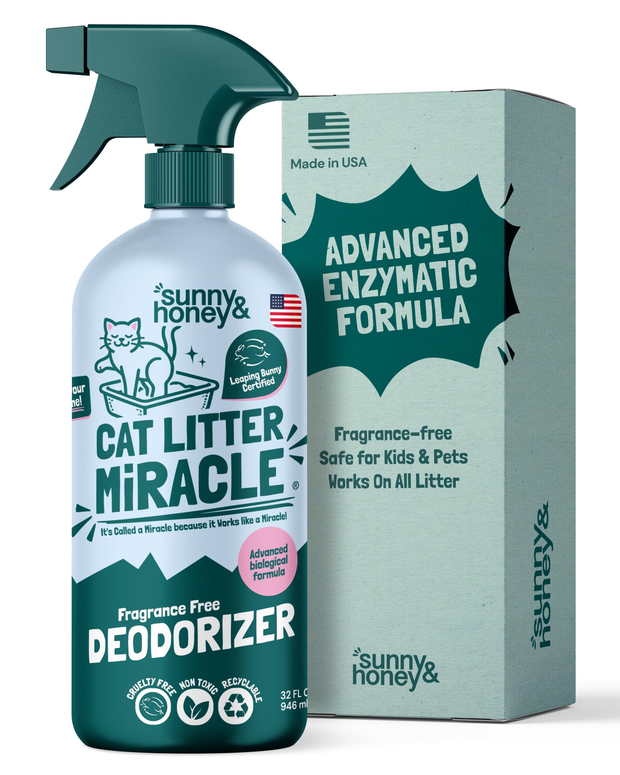 Sunny & Honey 32oz cat litter deodorizer bottle for quick odor control.