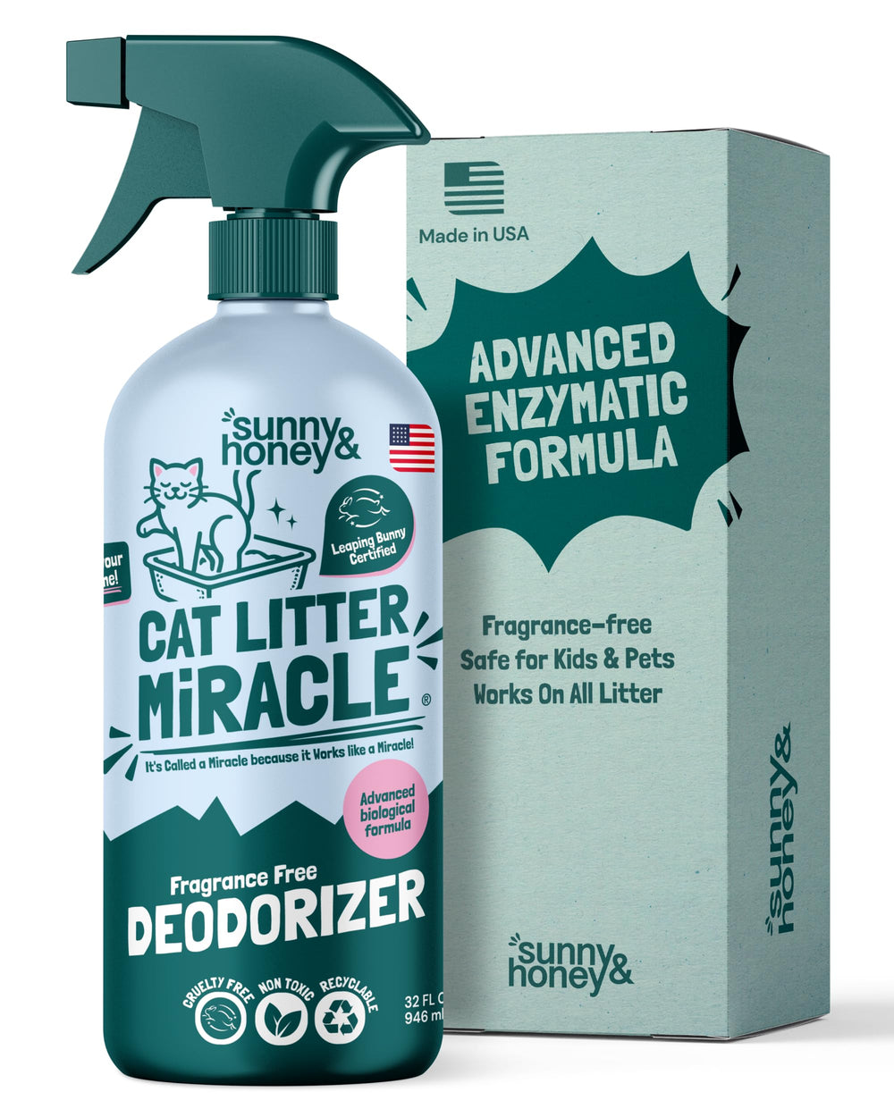 Sunny & Honey 32oz cat litter deodorizer bottle for quick odor control.