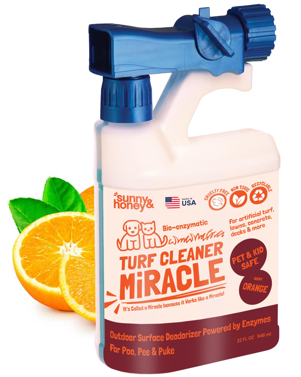 Sunny & Honey turf cleaner bottle shows long-lasting citrus scent for outdoor spaces.