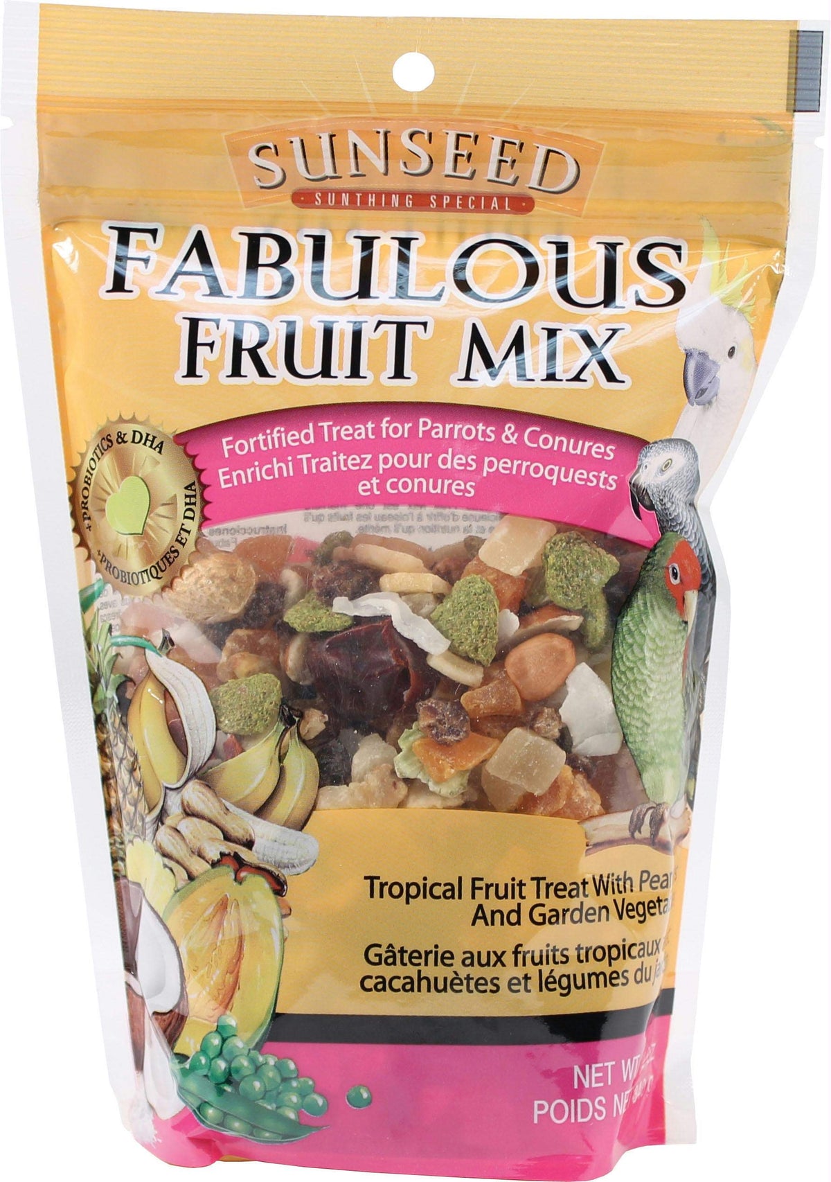 Sunseed Fabulous Fruit Mix for Parrots & Conures image shows colorful enrichment and tasty variety.