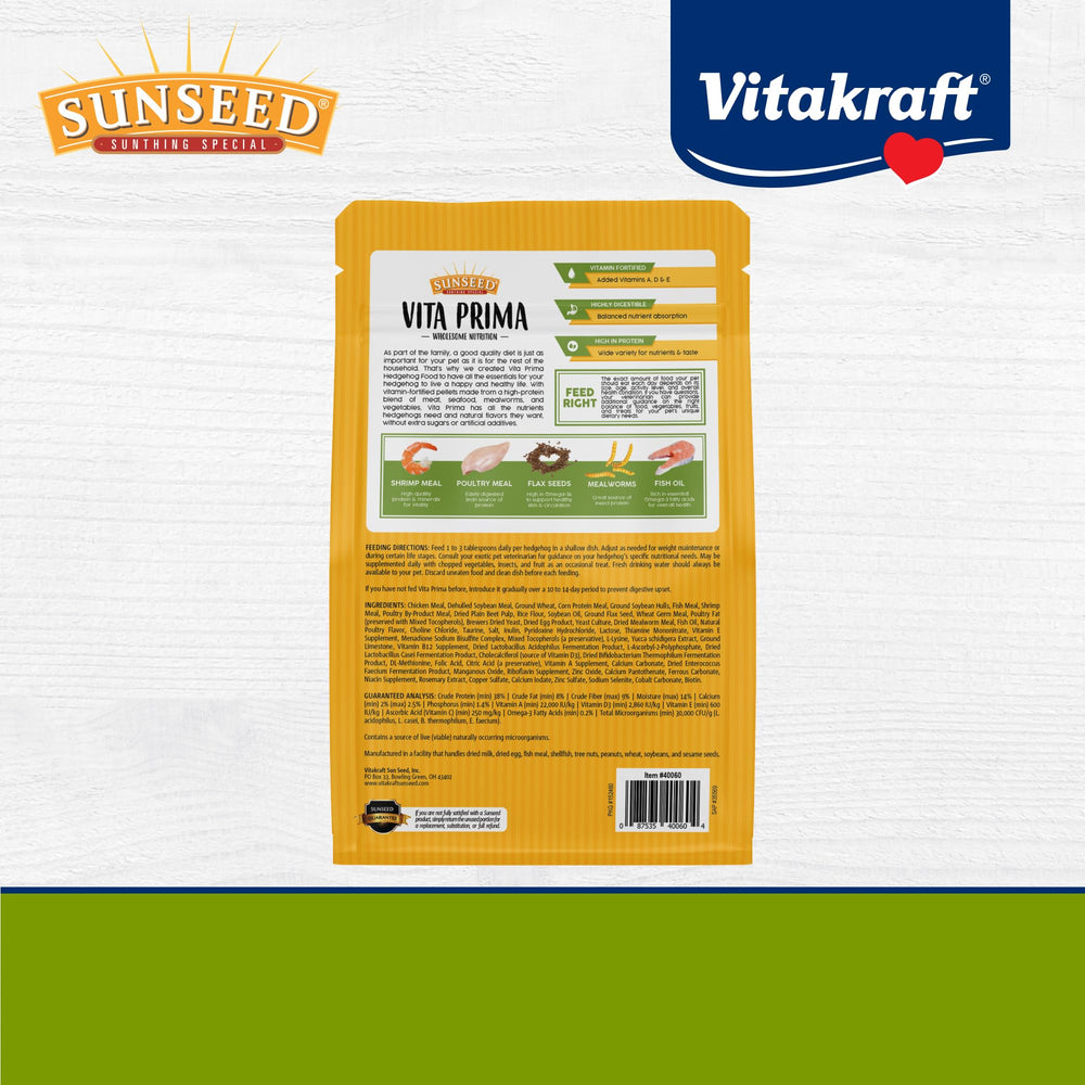 Sunseed Vita Prima Hedgehog Food vitamin-fortified blend supports overall well-being.