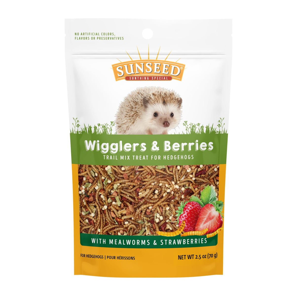 Sunseed Vita Prima Wigglers & Berries packaging highlights wholesome hedgehog treats for daily enrichment.