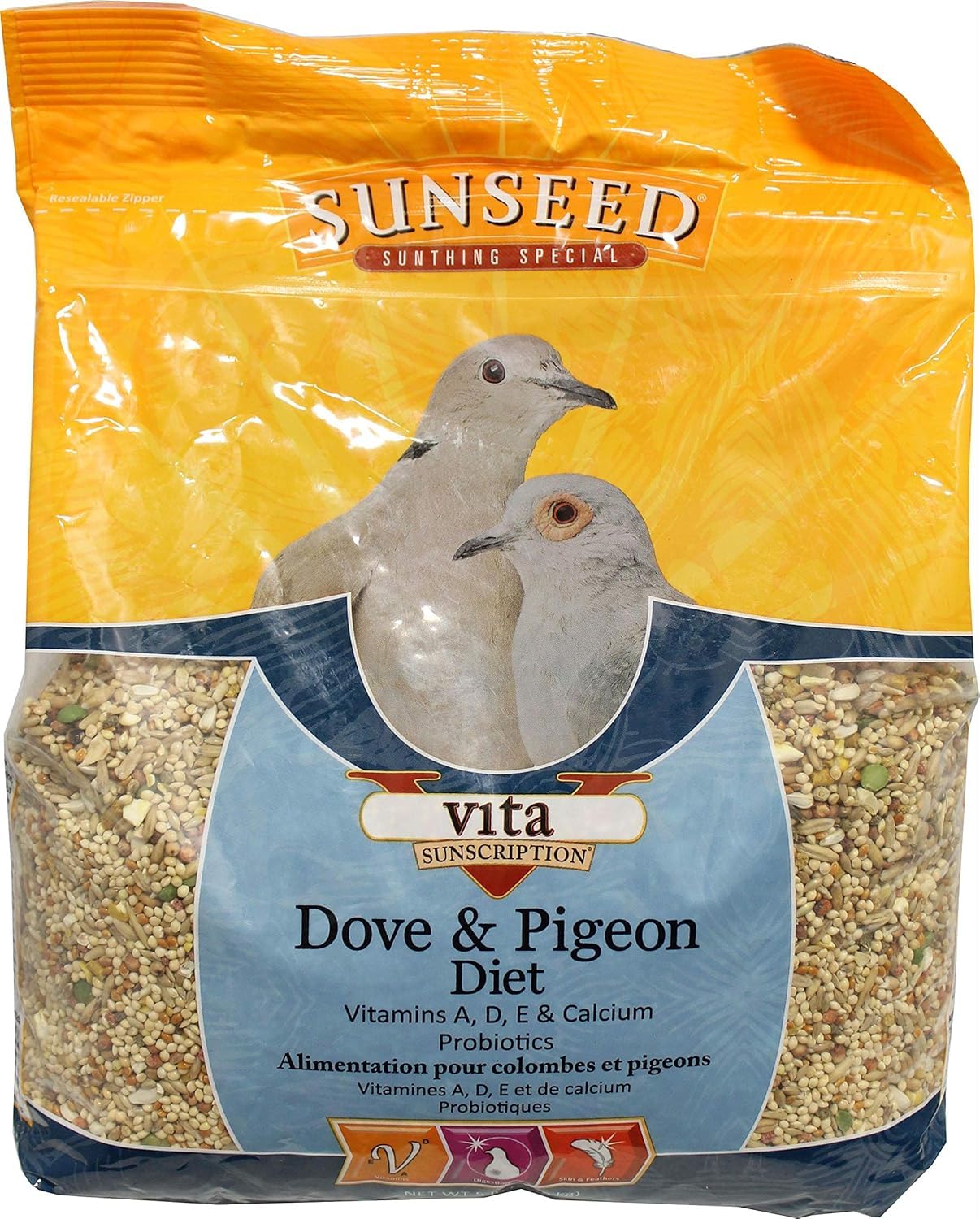 Sunseed Vita Sunscript grain mix in a foraging bowl supports natural feeding for doves and pigeons.