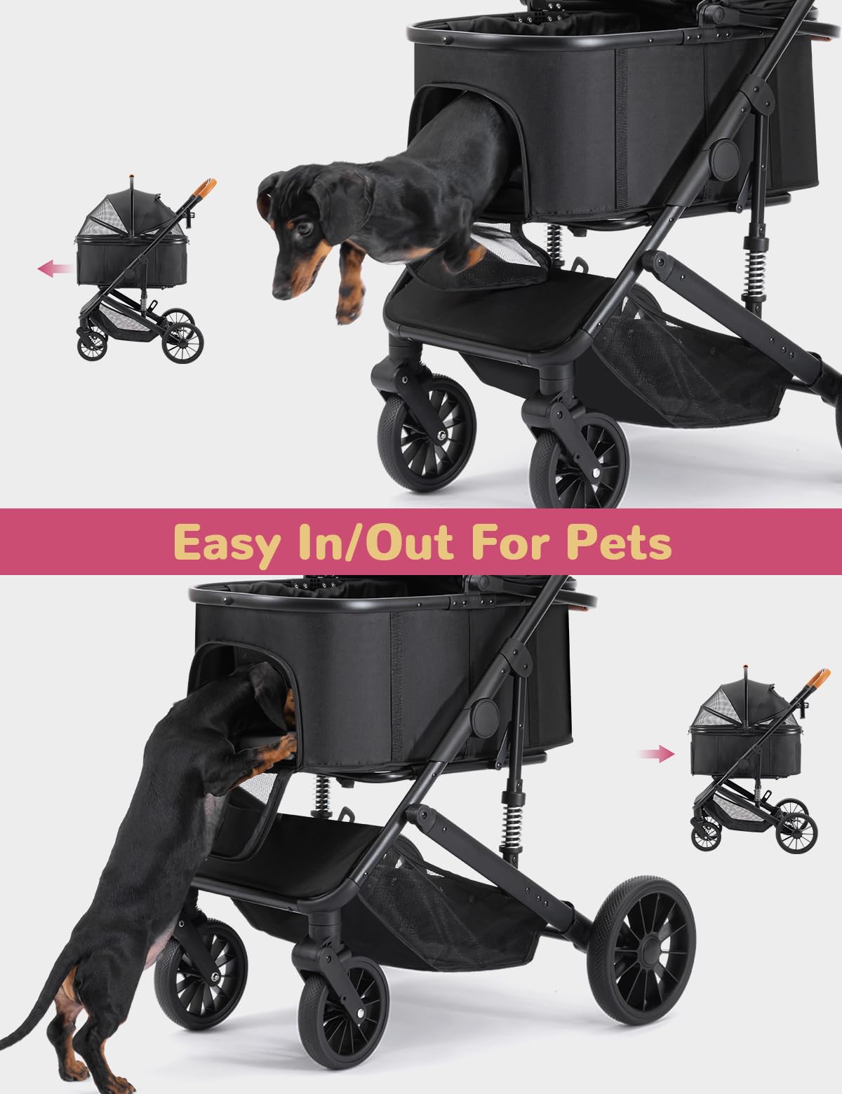 SUNTHX dog-stroller-bottom-basket stores toys and essentials on outings.
