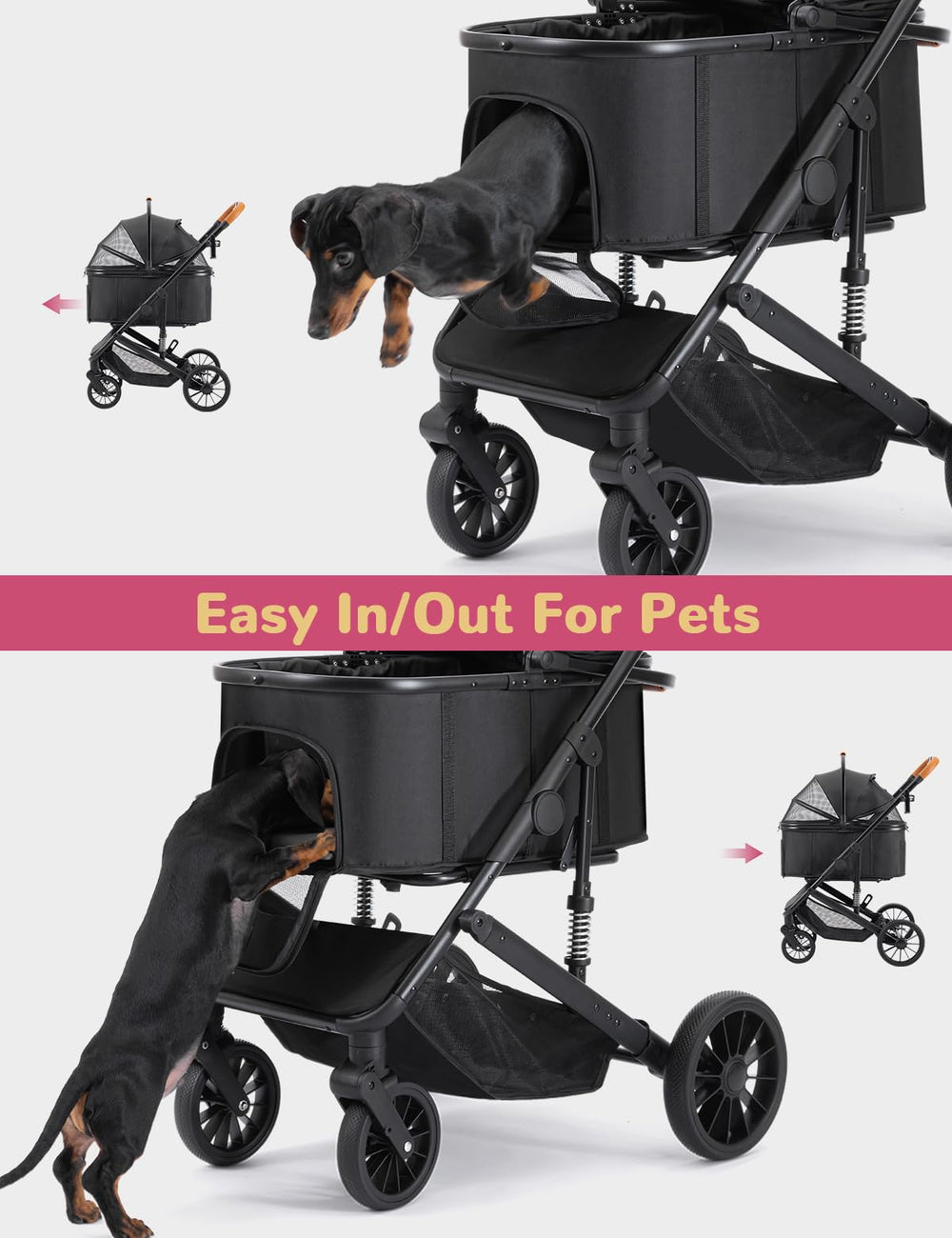 SUNTHX dog-stroller-bottom-basket stores toys and essentials on outings.