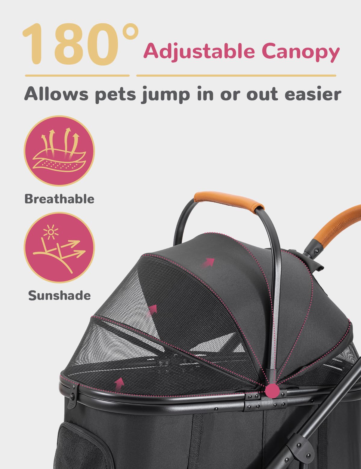 SUNTHX dog-stroller-detachable-handle enables easy entry for pets.
