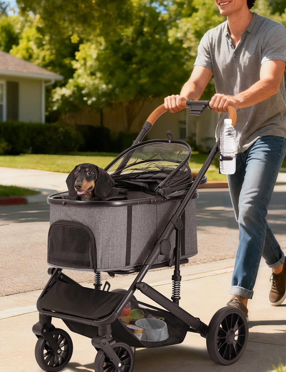 SUNTHX dog stroller iron frame provides sturdy support for active dogs.
