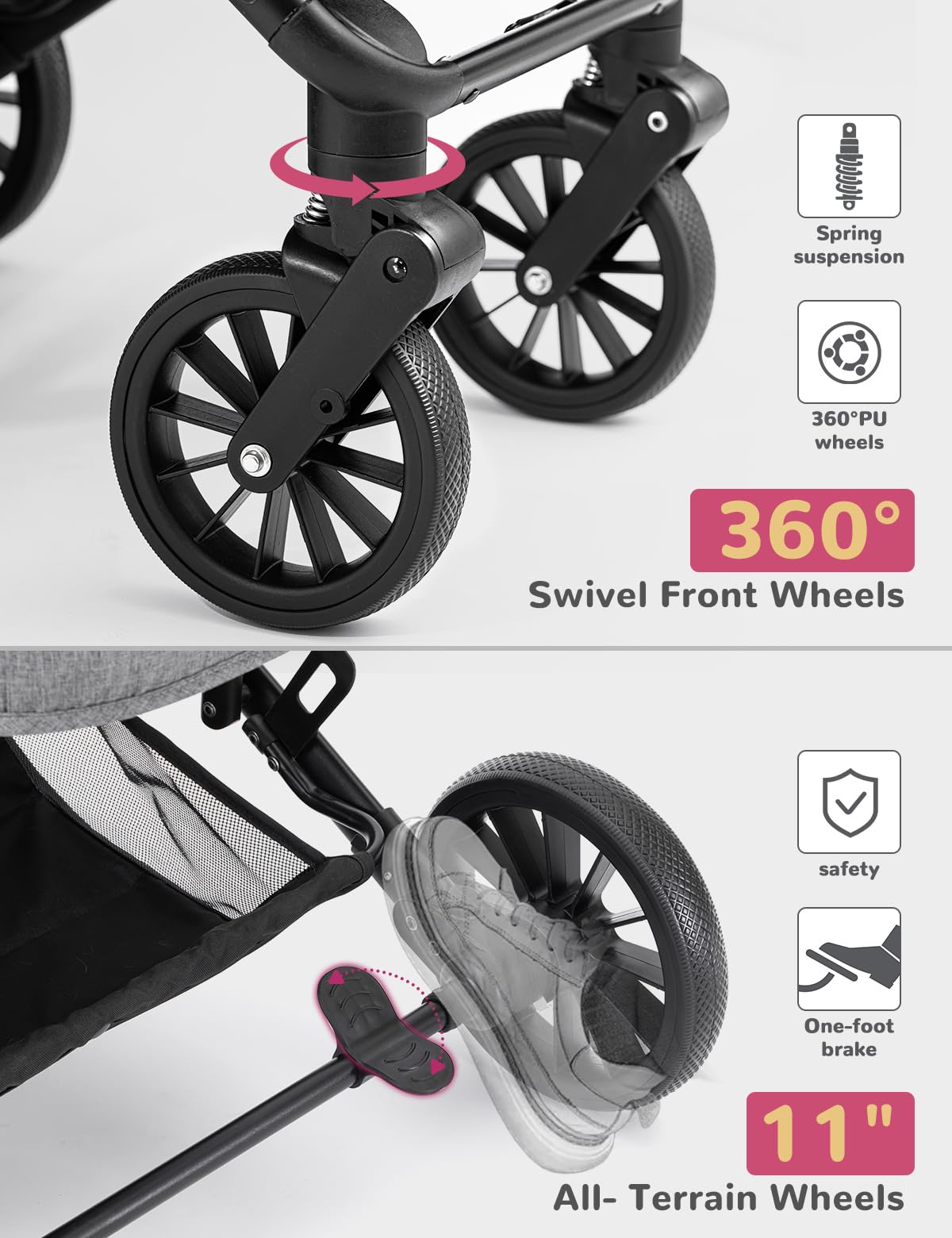 SUNTHX stroller rear brake provides secure stops during stops and park outings.