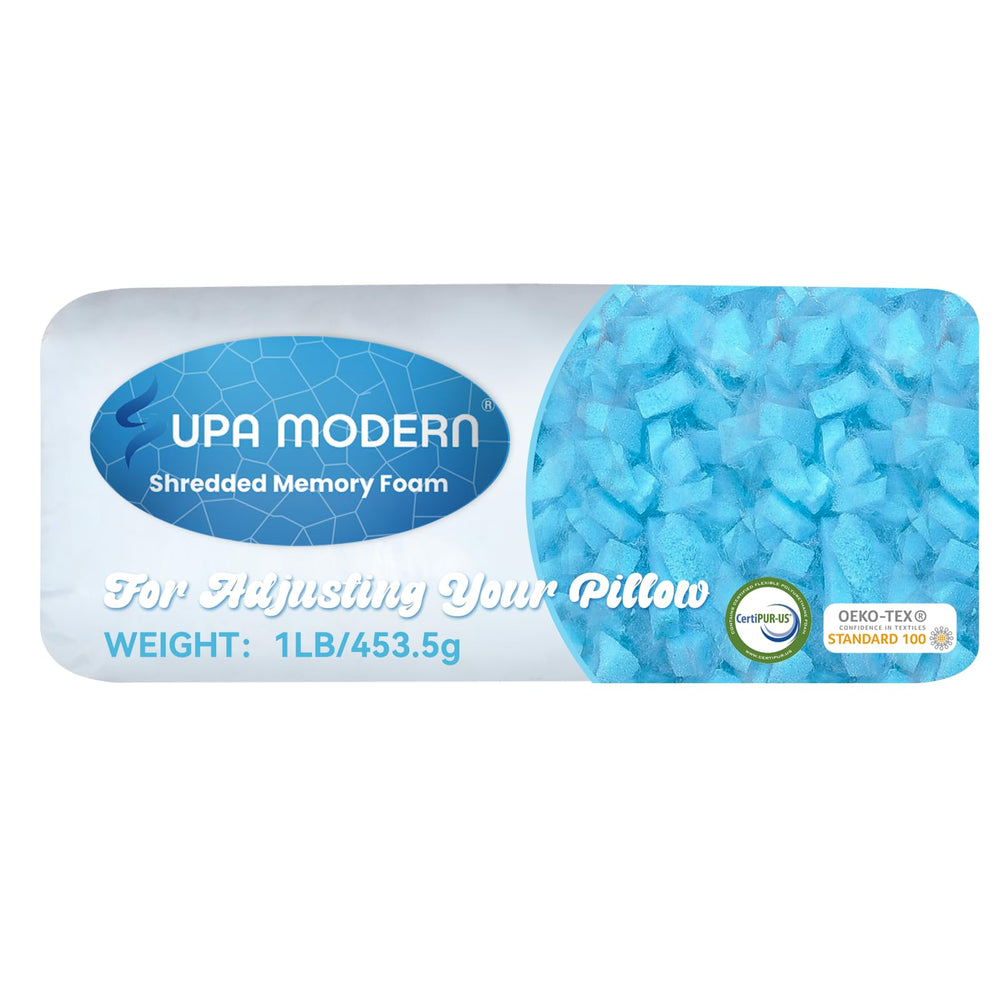 Supa Modern shredded memory foam filling pack shows customizable head support.