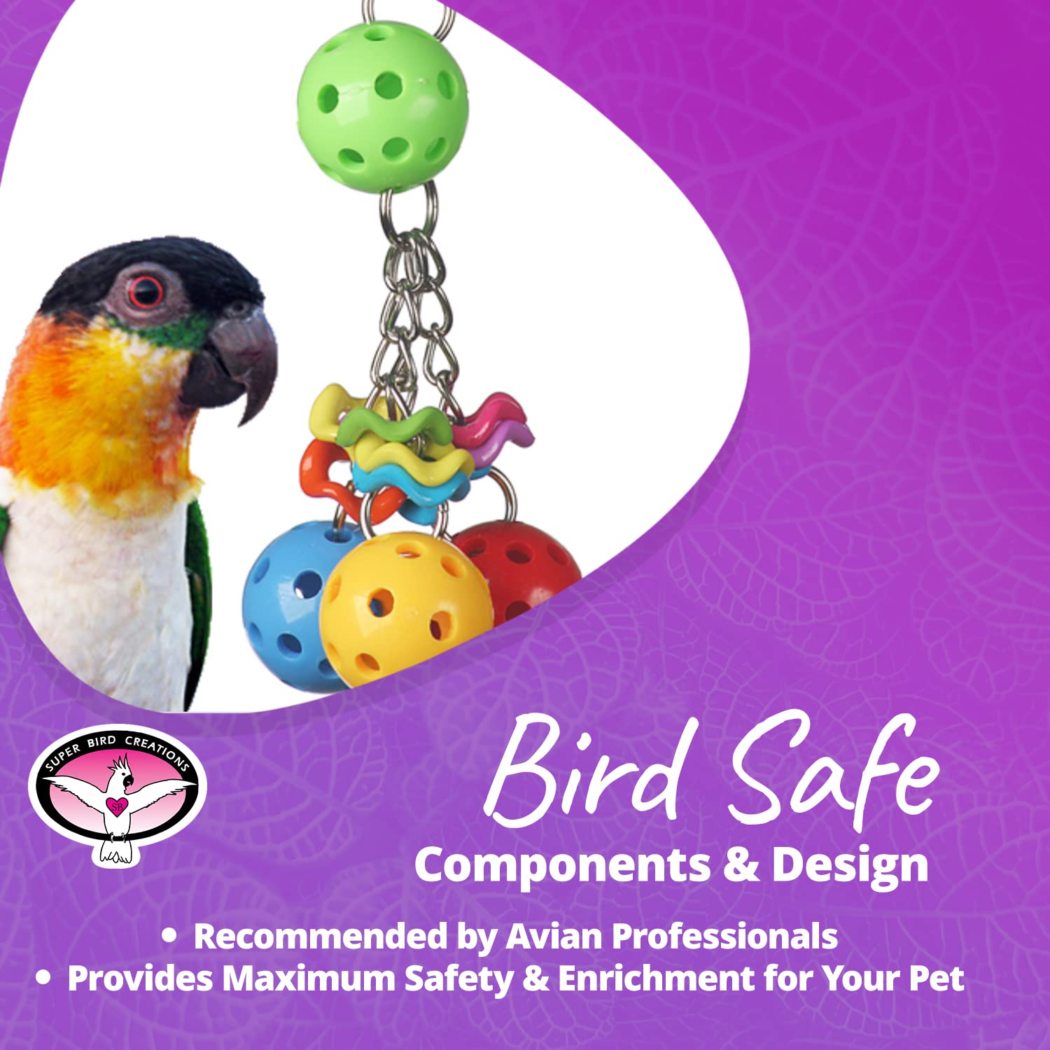 Super Bird Creations Jingleberries close-up beak-exploration highlights dexterity practice.