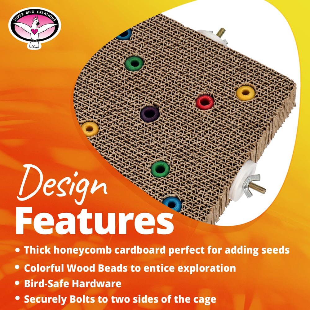 Super Bird Creations SB1218 cardboard treat block – in-cage placement demonstrating secure bolts and durable design.
