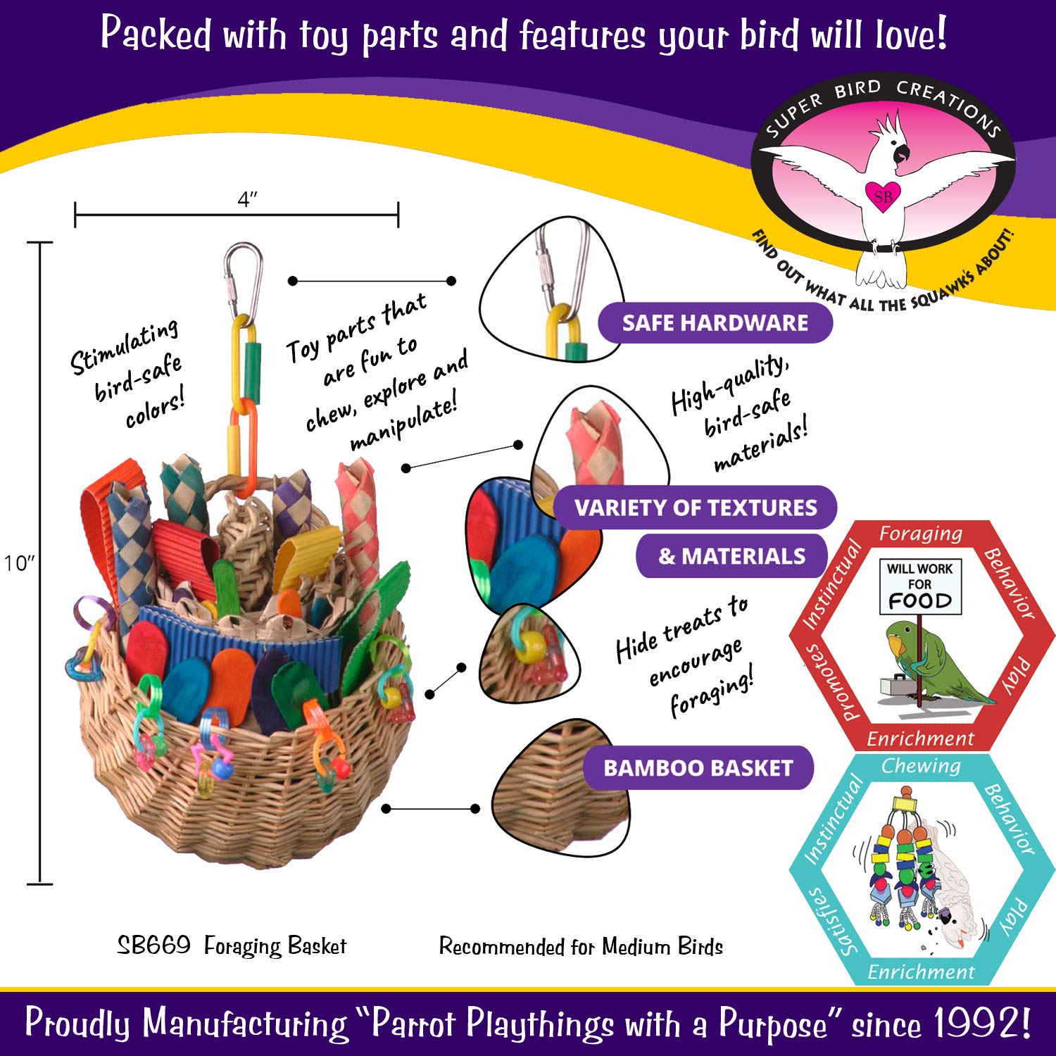 Super Bird Creations SB669 medium-bird-toy-textures with crunchy textures for mental stimulation.