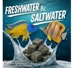 Aquarium scene with Super Cichlids freeze-dried blackworms suitable for diverse fish diets.