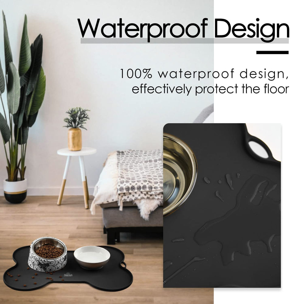 Super Design dog food mat non-slip base prevents sliding for stable bowls and floors.