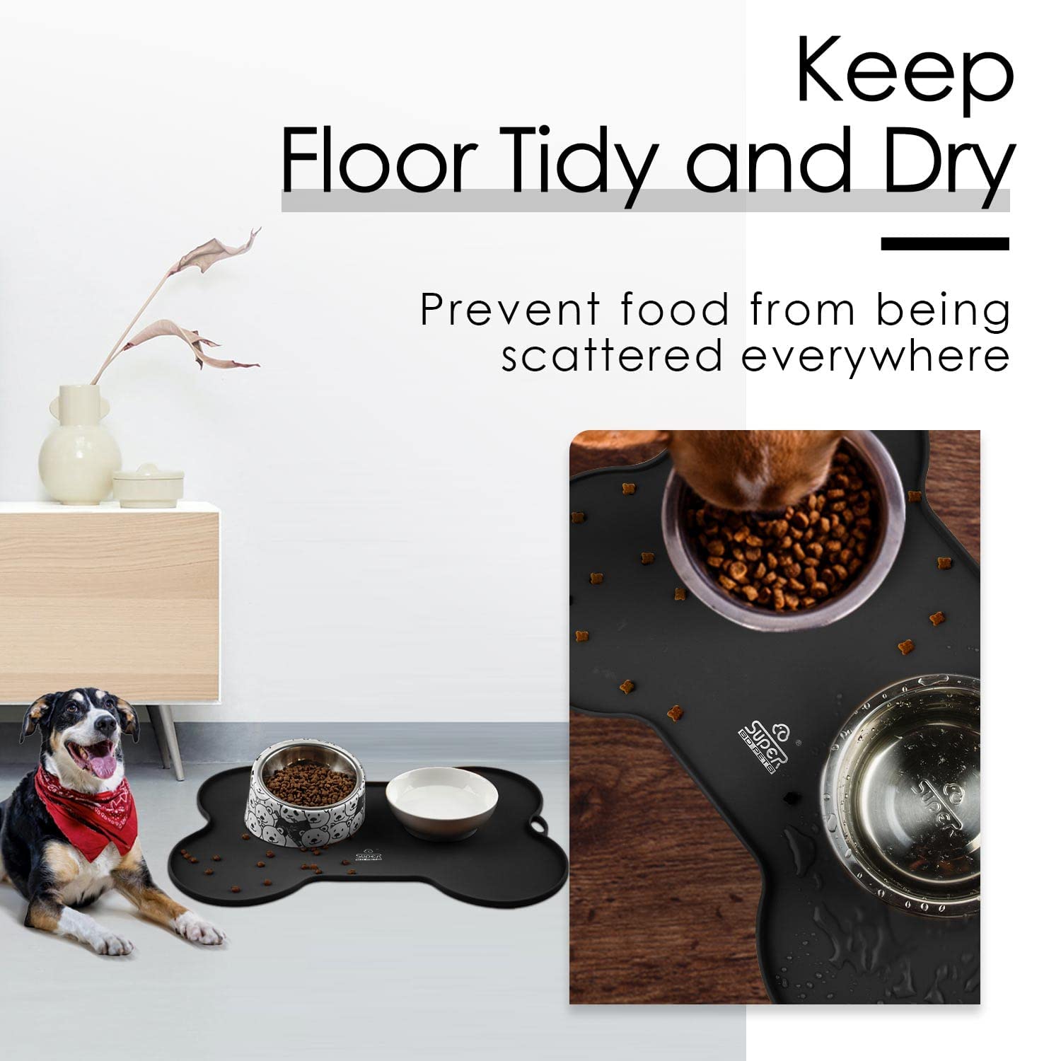 Super Design dog food mat raised lip closeup emphasizes spill containment during feeding.