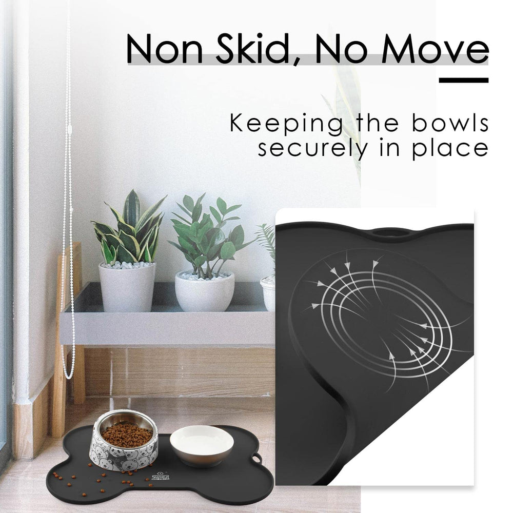 Super Design dog food mat under cat fountain use showcases versatile placement to reduce mess.