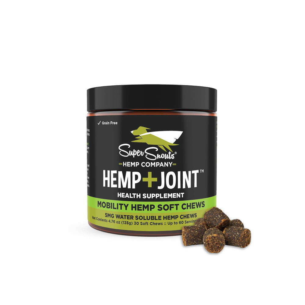 Super Snouts hip-joint-chew-dog-cat-pack shows joint support and calming hemp benefits.