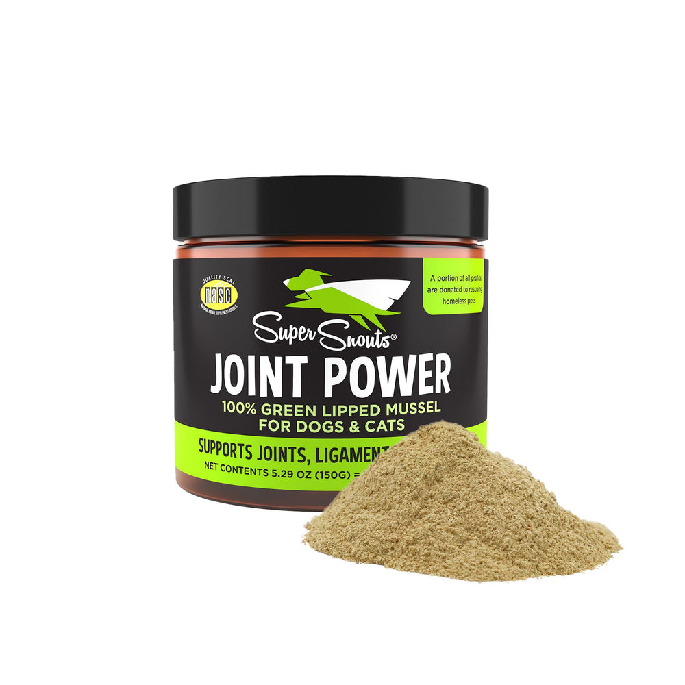 Super Snouts Joint Power bottle label promotes USA-made joint support for daily activity
