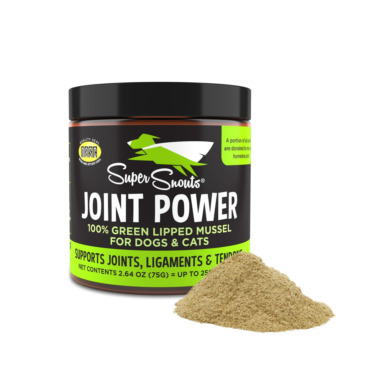 Super Snouts Joint Power powder jar with mussel formula supports joint mobility.