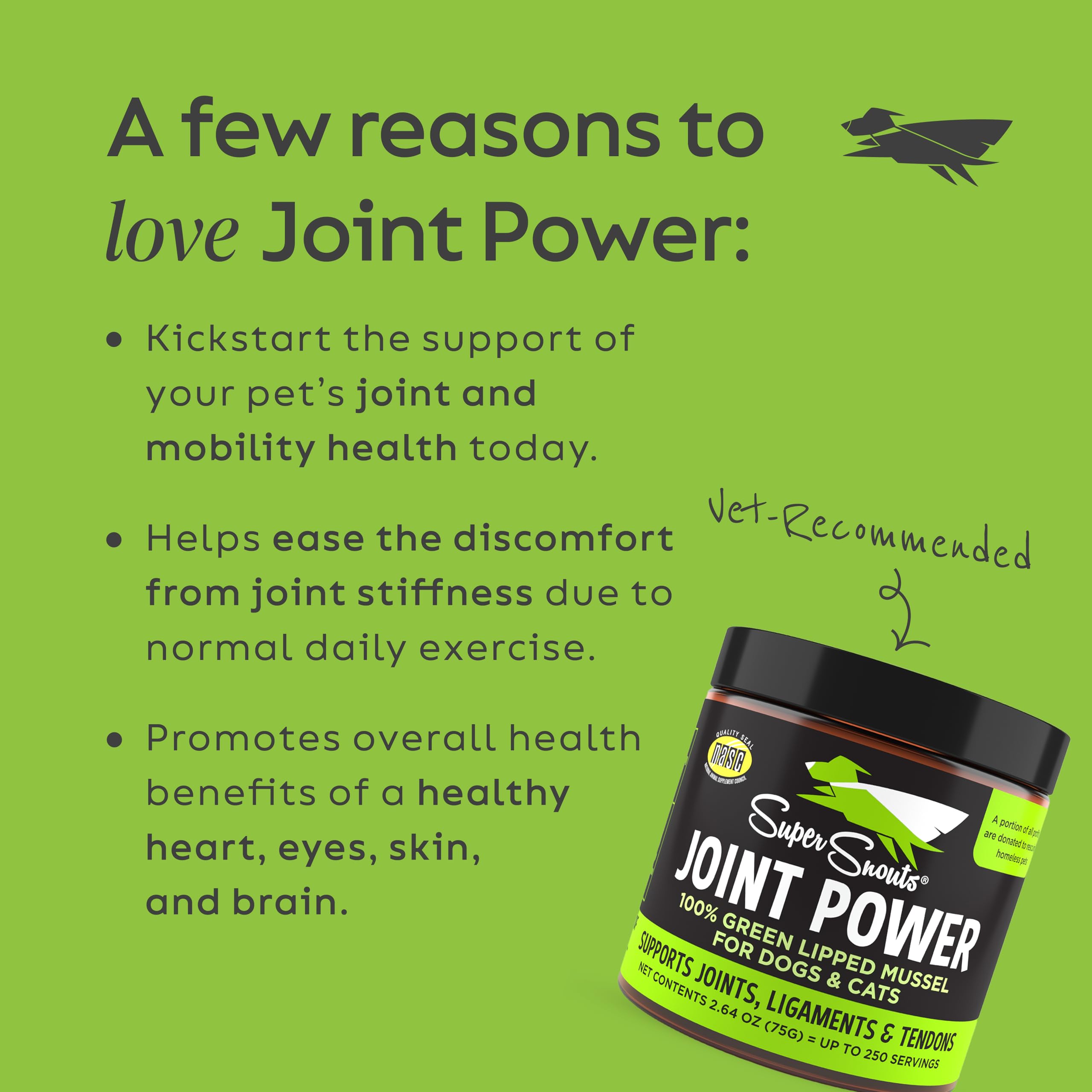 Super Snouts Joint Power scoop over bowl showing convenient daily serving.