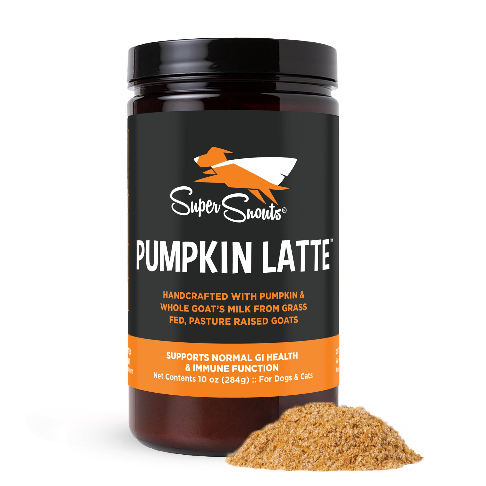 Super Snouts Pumpkin Latte Digestive Powder bag showcases USA-made pumpkin supplement for pets' gut health.