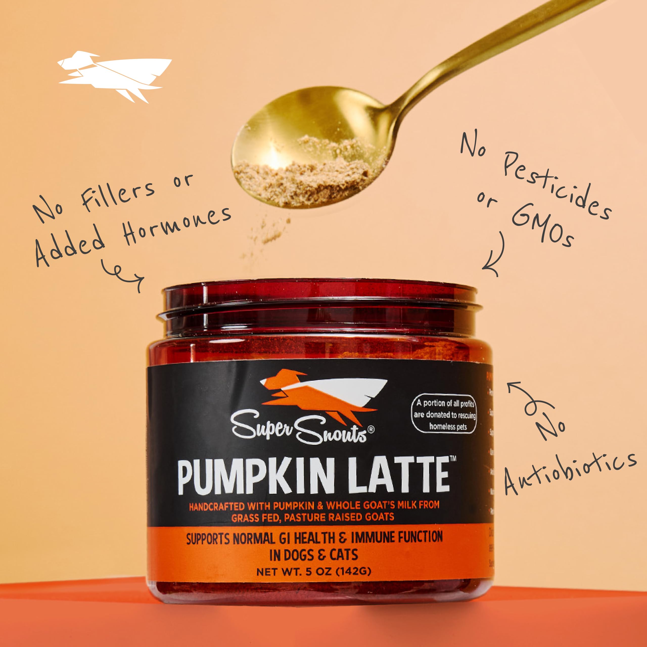 Super Snouts Pumpkin Latte powder sprinkled into pet food for easy mixing.