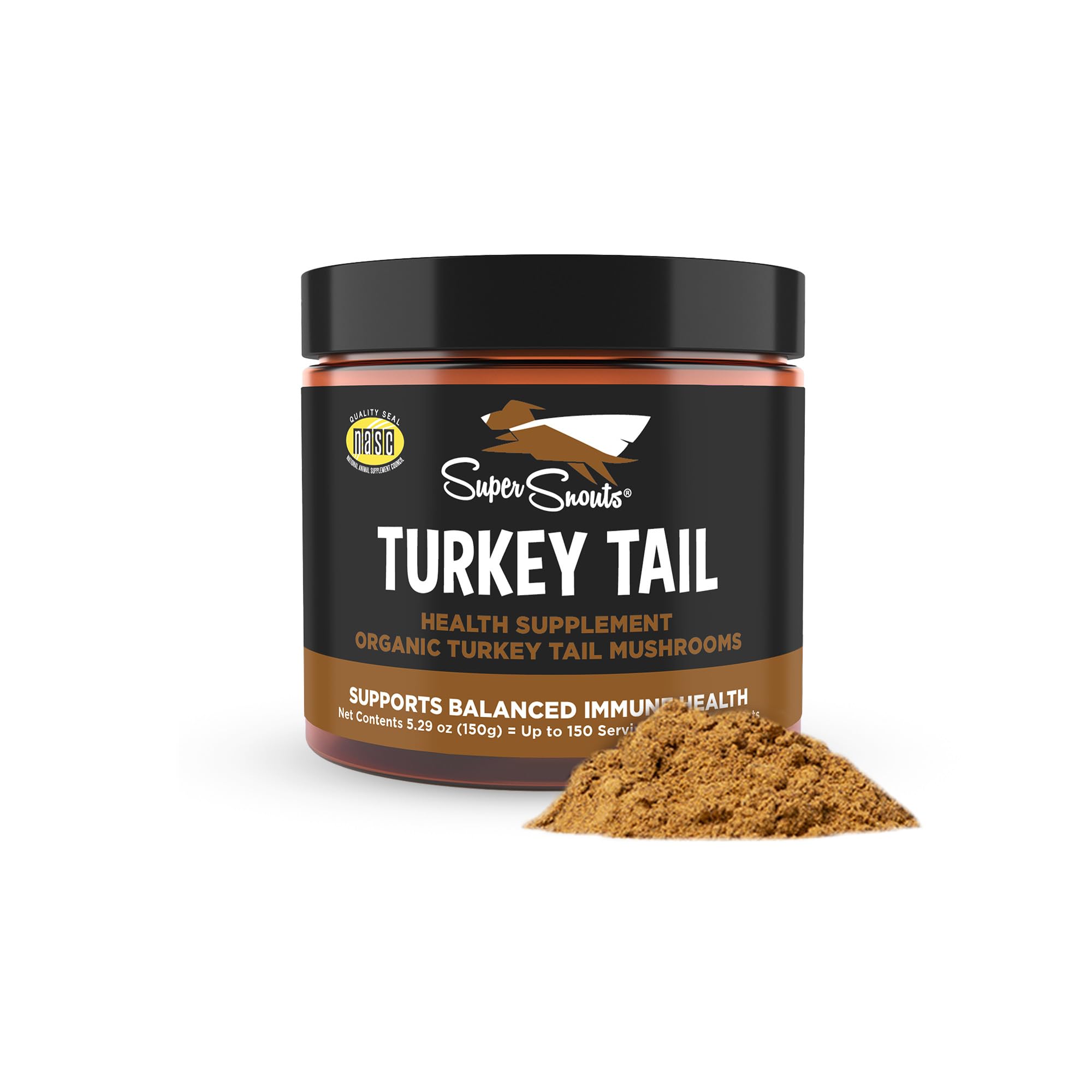 Super Snouts Turkey Tail mushroom powder bottle for pets promotes immune support and antioxidant health.