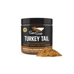 Super Snouts turkey tail powder bottle supports immune health and antioxidant protection.