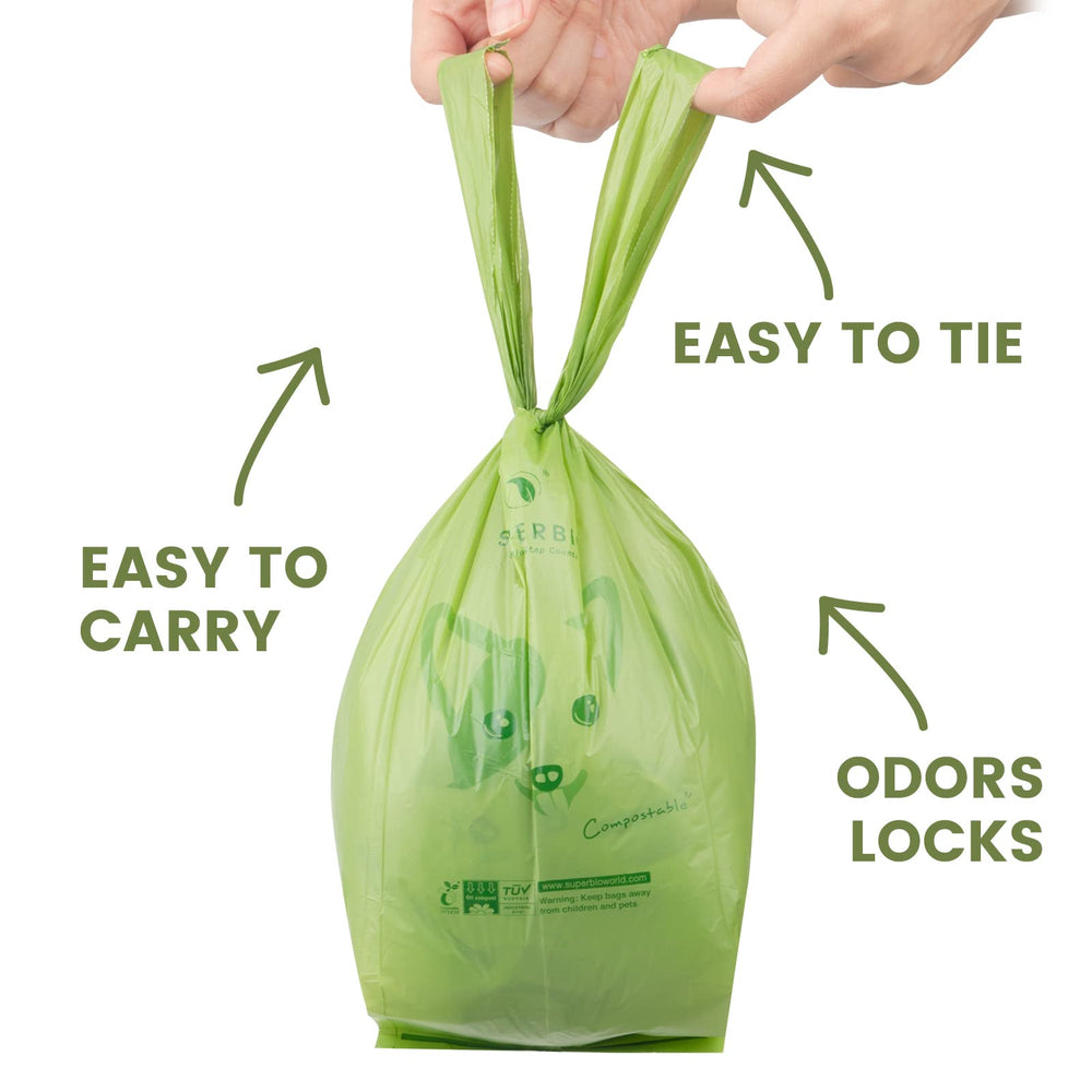 Superbio extra-thick dog poop bags 8.6x16.1 inches reduce leaks and odors.