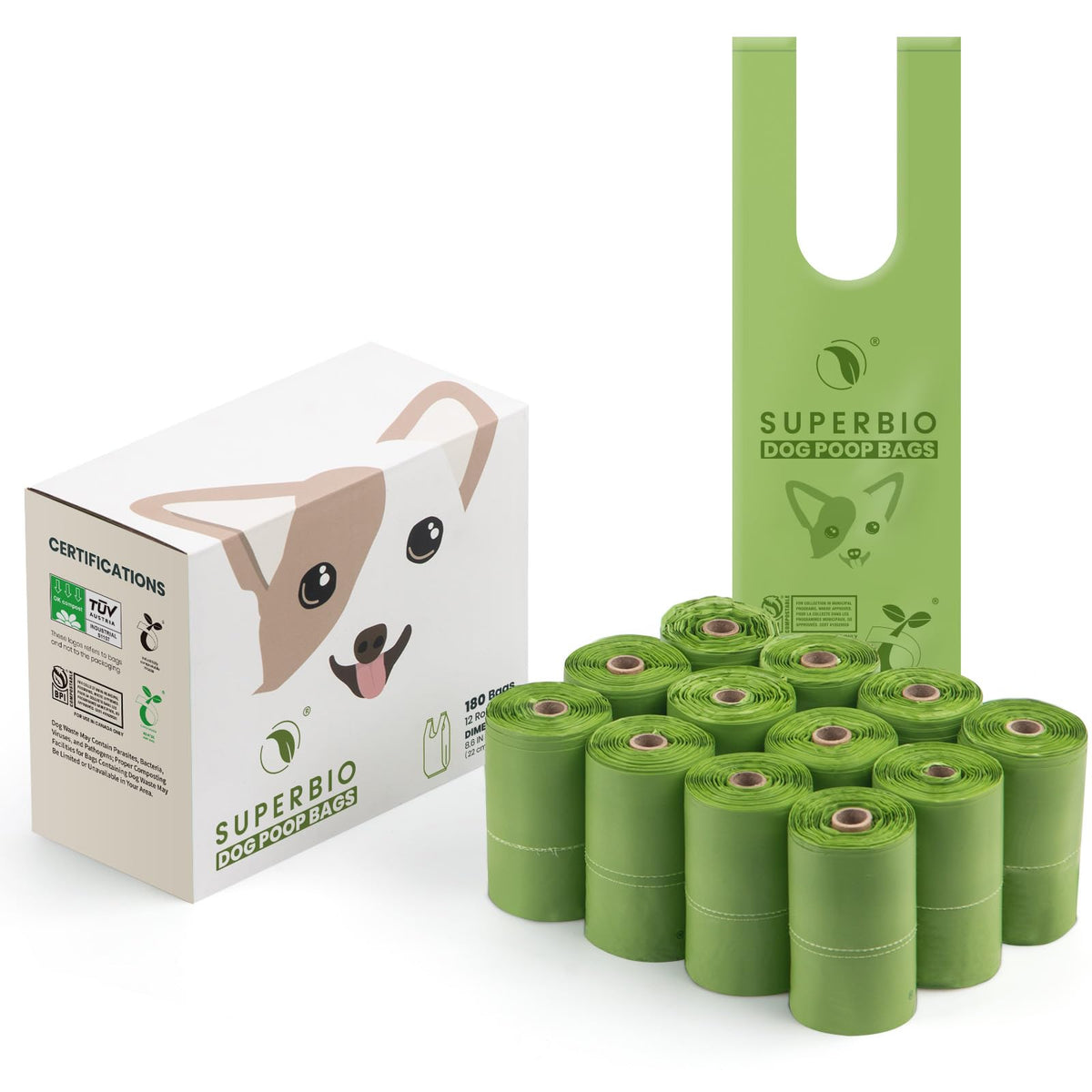 Superbio handle-tie dog-poop-bags 12-roll pack for mess-free disposal and secure tying.