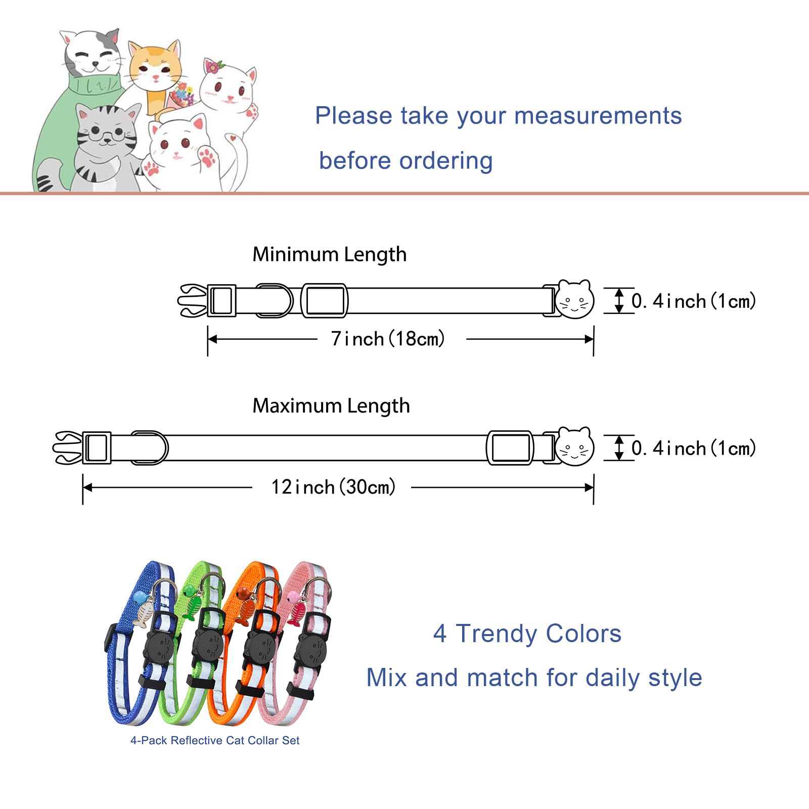 Four SuperBuddy collars shown on multiple cats to fit various neck sizes.
