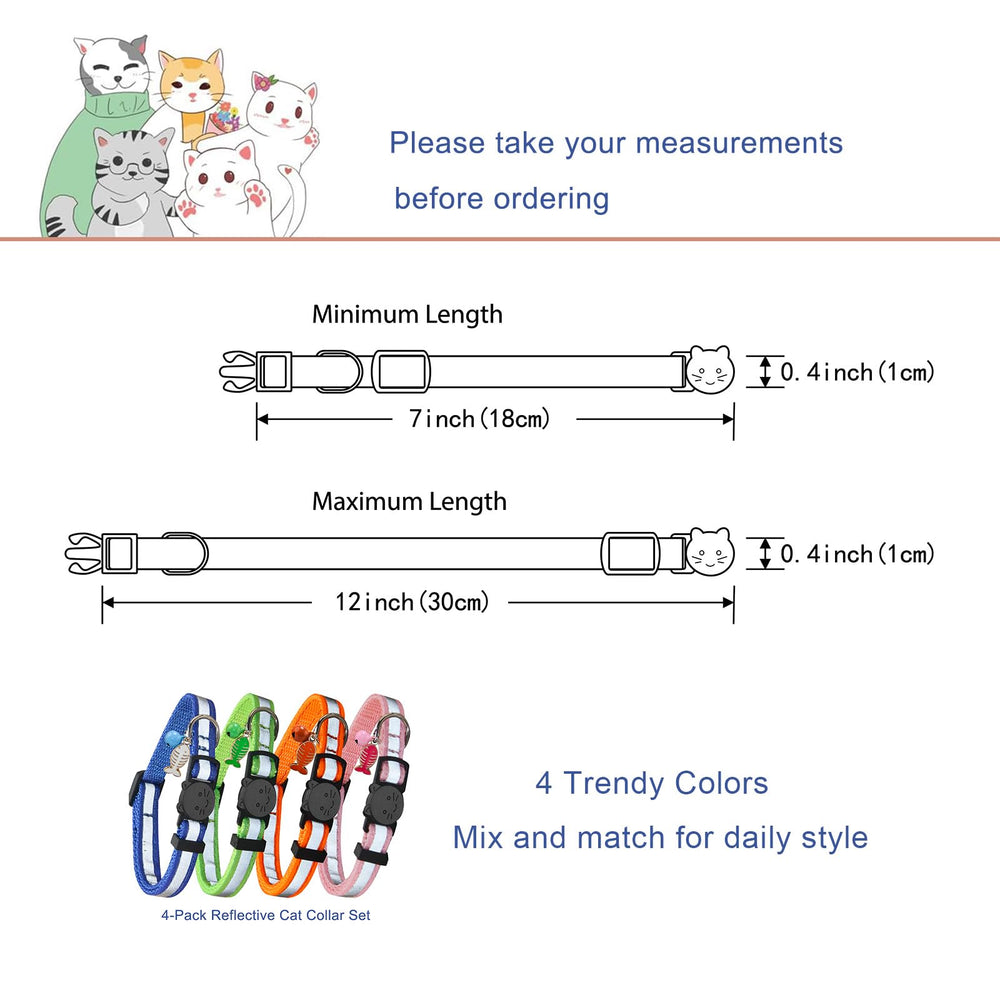 Four SuperBuddy collars shown on multiple cats to fit various neck sizes.