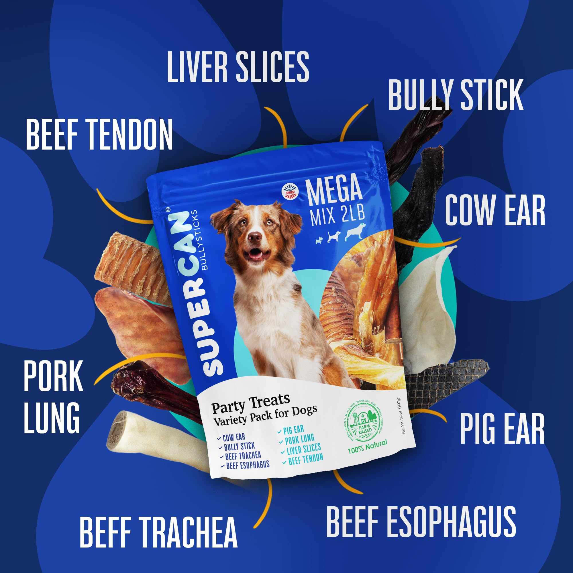 SUPER CAN BULLYSTICKS Mega Mix beef lung chunks deliver protein-rich chews for energetic dogs.