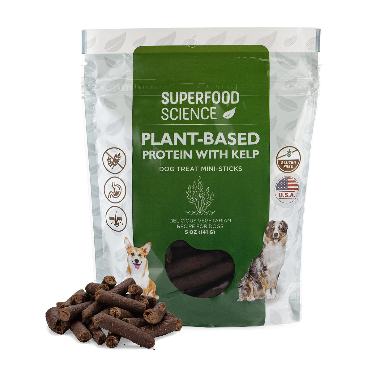 Superfood Science hypoallergenic dog treats packaging highlights 5 oz size for convenient training.