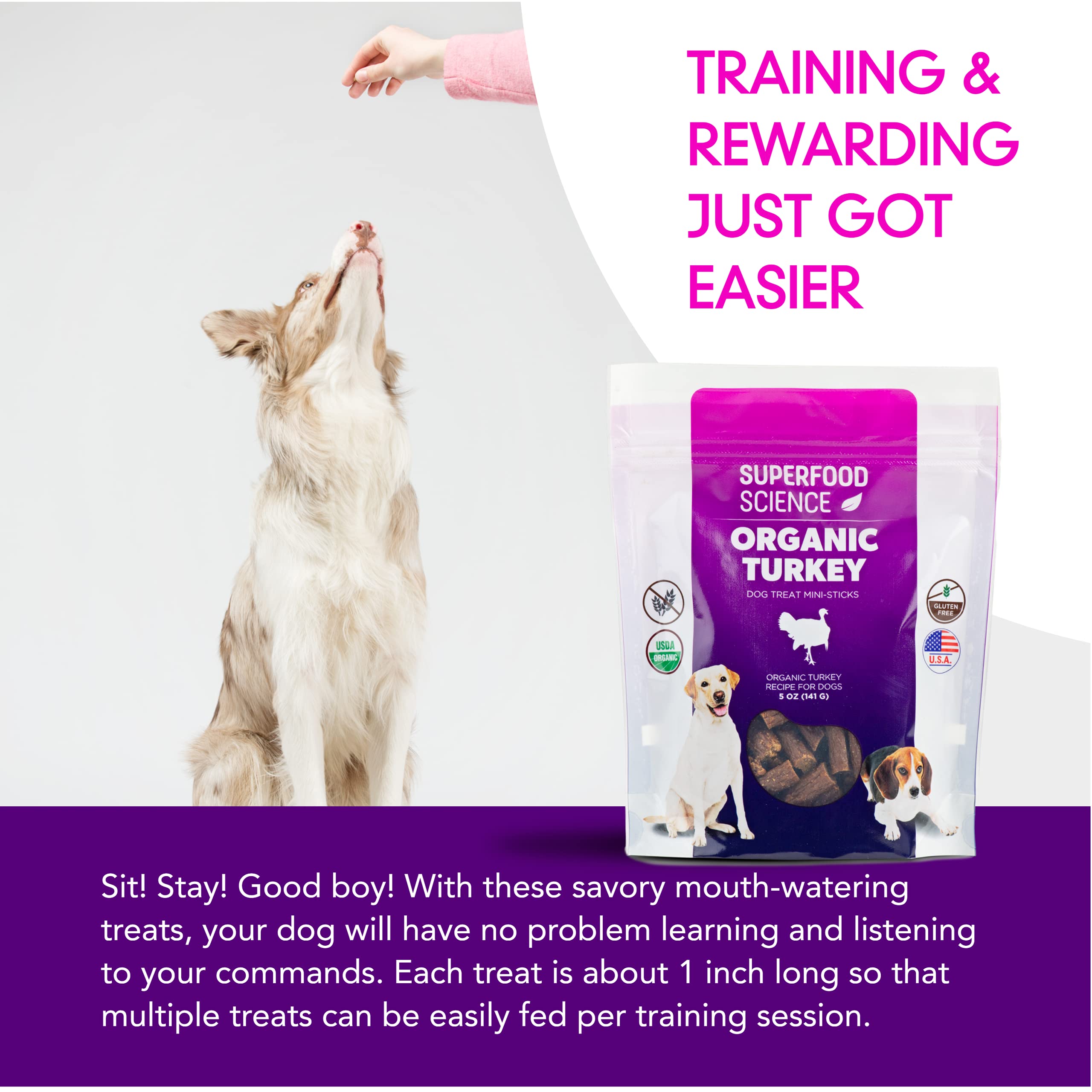 Superfood Science small-bite packaging demonstrates easy handling for dogs of all sizes.