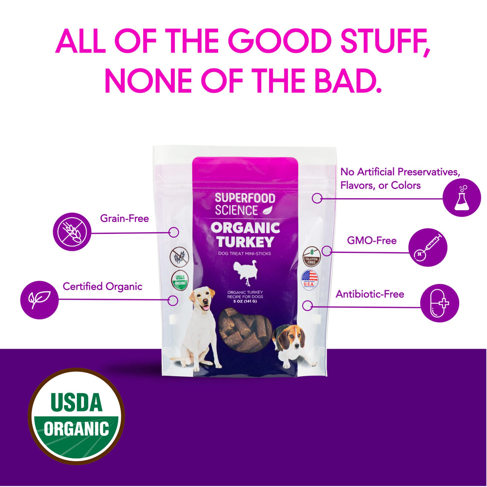 Superfood Science USA-made label reinforces high-quality, responsibly produced dog treats.