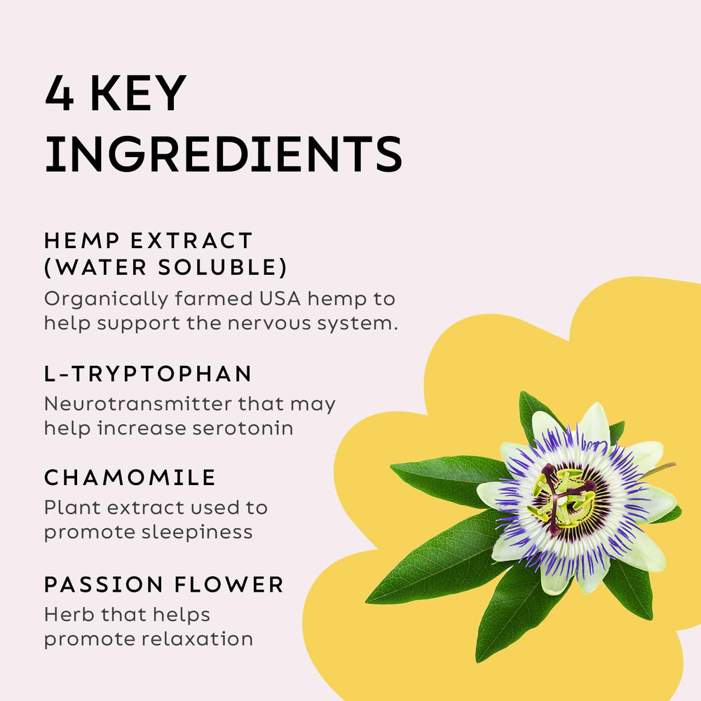 Chamomile and passion flower visuals emphasize herbal calming benefits.
